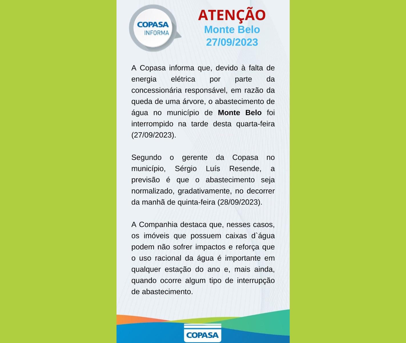 COMUNICADO IMPORTANTE DA COPASA DE MONTE BELO MG - Prefeitura